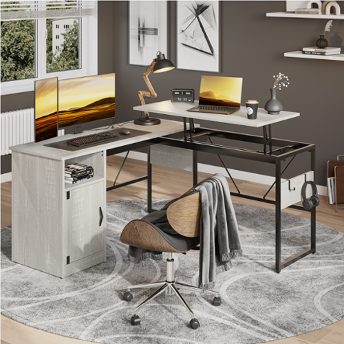 Bestier L-Shaped Gaming Corner Standing Desk with Storage Cabinet and Hooks - 60" wide - White