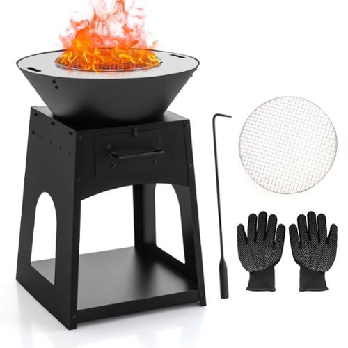 Costway - 24" Heavy Duty Fire Pit with firewood rack Fire Poker Gloves Grilling Rack Outdoor - Black