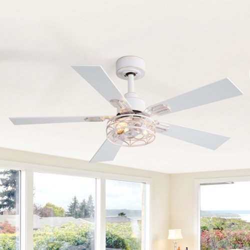 Breezary - 42-In Indoor Ceiling Fan with Light Kit, 5 Plywood Blades, 6-Speed DC Motor and Remote, Timer, Memory Function(1/2 Pack) - Distressed White and Gold (1 Pack)-Front_Standard 