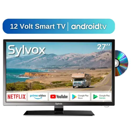 12 Volt Smart TV | androidtv  
Sylvox 27"  
prime video  
NETFLIX  
YouTube  
Google Play Store  
Google Play Games