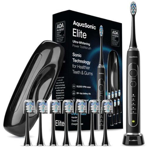 AquaSonic Elite Rechargeable Electric Toothbrush Set - ADA Accepted, 5 Modes, Travel Case, 8 Brush Heads (Black)