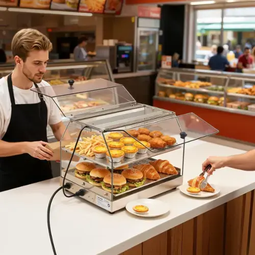 Front. Akoasm - Commercial Food Warmer with Light - 48L Double-Sided Door Display for Burgers, Pizza, Adjustable Temp 85-185°F - Silver.