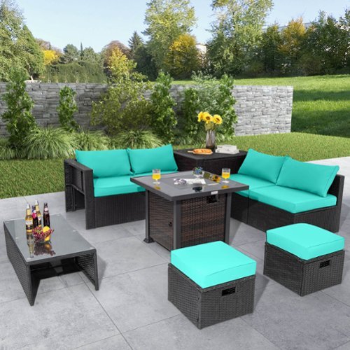 Costway 9 PCS Patio Furniture Set with 32" Fire Pit Table 50,000 BTU Square Propane Fire Pit - Turquoise