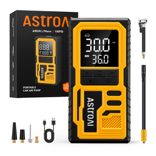 AstroAI - Cordless Tire Inflator 150 PSI 5200mAh Digital Gauge Fast Inflation Auto Shutoff LED Light Compact for Car Bike Ball - Yellow-Front_Standard 