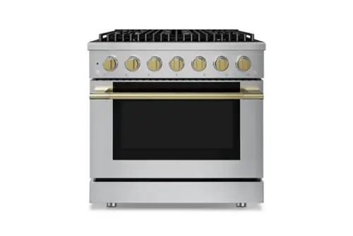 Front. Hauslane - HausPro 36 in. 6 Burners (20,000 BTU) Freestanding Dual Fuel Range - Satin Brass.