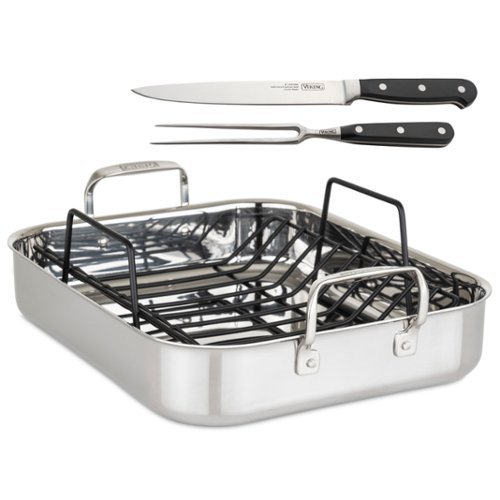 Viking 3-Ply Stainless Steel Roasting Pan with rack and Bonus Carving Set - Silver