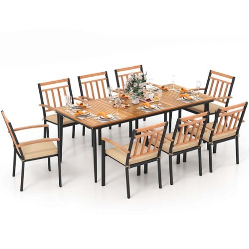 Costway 9 PCS Patio Dining Set 79" Rectangle Dining Tables with 8 Wooden Armchairs - Natural & Black