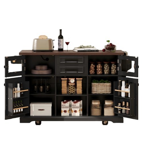Ecooso - Kitchen Island with Drop Leaf & Power Outlet, Storage Cart with Door Shelves, Barn & Glass Doors, 4 Rolling Wheels - Black-Front_Standard 
