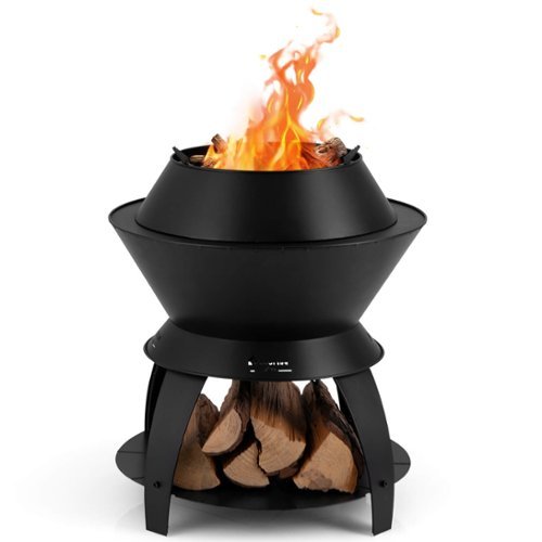 Costway - 3-in-1 Patio Fire Pit 20" Metal Camping Fire Bowl w/ Pot Holder & Storage Shelf - Black