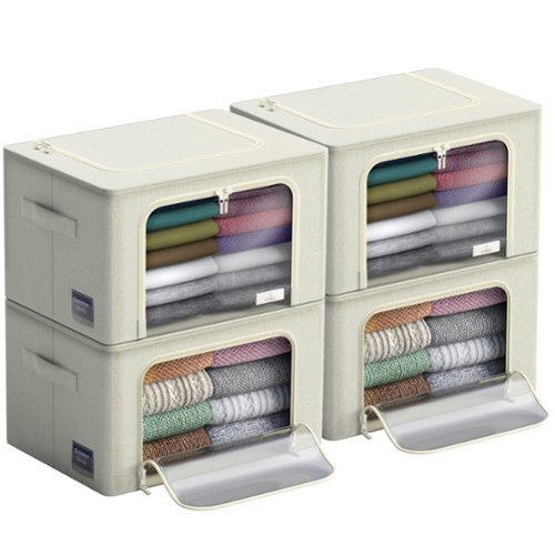 Sorbus - 4 Pack Medium Foldable Storage Box, Large Window & Handles - Organization for Bedroom & Clothes - Beige-Front_Standard 