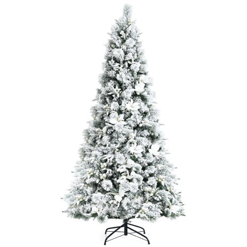 Costway - 7ft Snow Flocked Hinged Christmas Tree w/Berries & Poinsettia Flowers - Green/White