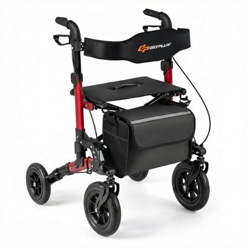Costway - Rollator Walker for Seniors with Seat Mesh Backrest Spring Suspension Cane Holder - Red + Black-Front_Standard 