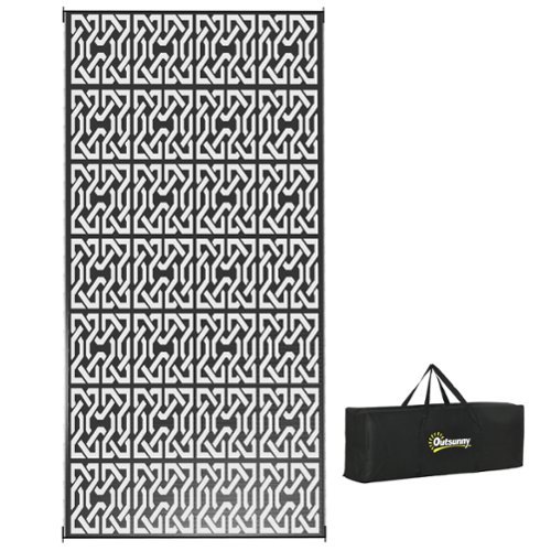 Outsunny - Outdoor Rug for Patio, 9' x 18' Waterproof Large Mat, Reversible Plastic Straw Rug for Décor - Black and White Chain-Front_Standard 