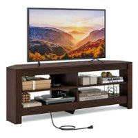 Costway - 3-Tier Corner TV Stand with Power Outlet 4 Open Storage Shelves for Living Room Brown - Brown