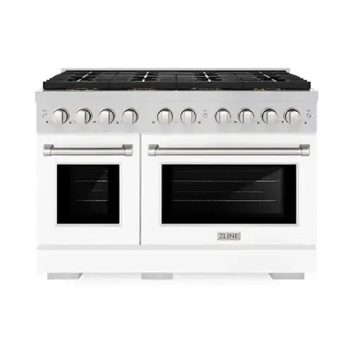 Front. ZLINE - ZLINE 48 in. Paramount Gas Range with 8 Burner DuoPro Cooktop and Dual Ovens with White Matte Doors (PSGR-WM-48) - Stainless Steel with White Matte Door.