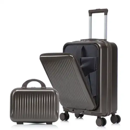 Front. HTUTWOO - Set of 2 14" Cosmetic Case & 20" Luggage Set with Spinner Wheels - ABS Hardside Suitcase with TSA Lock, Front Opening , - Brown.