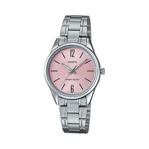 Casio - Women’s Pink Dial Analog Watch with Stainless Steel Bracelet - LTP-V005D-4BUDF - Silver-Front_Standard 