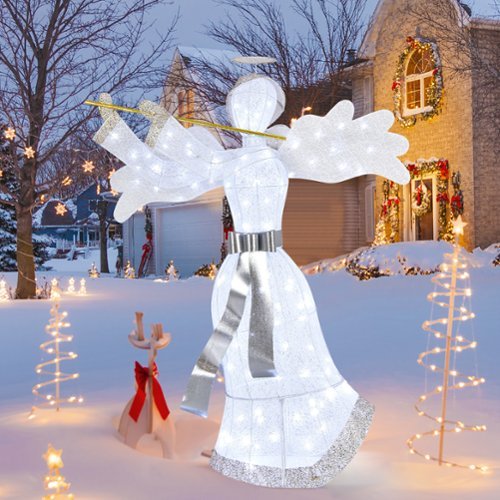 Costway Pre-Lit Angel Christmas Decoration, Artificial Christmas Decor w/ 100 LED Lights - White/Gold