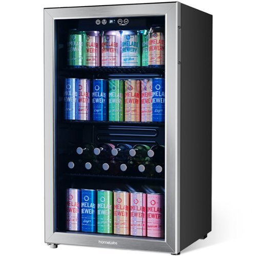 hOmeLabs - 120 Can Beverage Refrigerator Cooler Glass Door Mini Fridge, 3.2 Cu Ft - Stainless Steel and Black-Front_Standard 
