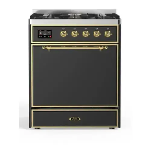 Front. ILVE - ILVE Majestic II Series  30 in. Dual Fuel Range with 5 Sealed Burners (Natural Gas, Brass Trim) - Graphite Matte.