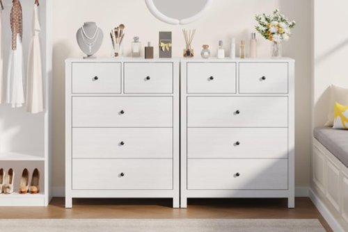 GARVEE - Tall 5 Drawer Dresser, Modern Wood Chest with Deep Storage & Metal Knobs - White-Front_Standard 