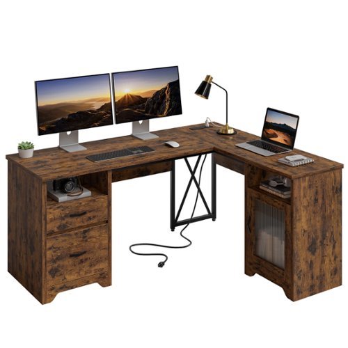 Bestier - 63-inch L Shaped Desk with Monitor Stand & Drawers, LED Computer Desk with Charging Station & Cabinet - Rustic Brown-Front_Standard 