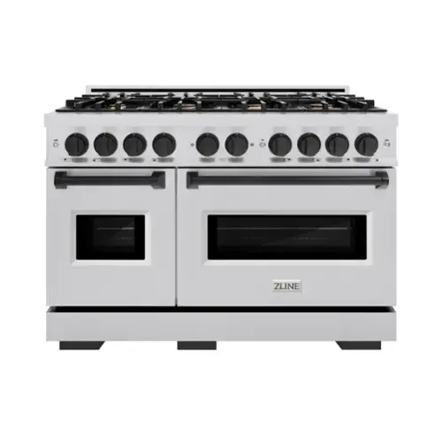 Front. ZLINE - ZLINE Autograph 48" Classic Double Oven Dual Fuel Range w/ Matte Black Accents (CDRZ-48-MB) - Stainless Steel.
