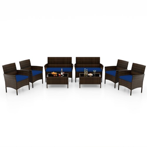 Costway - 8 PCS Patio Furniture Set with Washable Cushions and Tempered Glass Coffee Table - Mix Brown + Navy-Front_Standard 