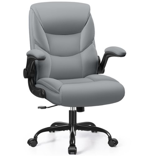 KERDOM - PU Leather Ergonomic Home Desk Chair, Tilt Small Computer Chair Adjustable Height, Rolling Swivel & Flip-Up Padded Arms - Gray-Front_Standard 