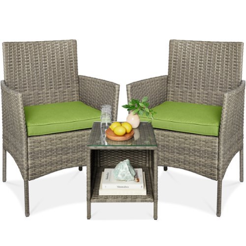 Best Choice Products - 3-Piece Outdoor Wicker Conversation Patio Bistro Set, w/ 2 Chairs, Table - Taupe/Pistachio-Front_Standard 