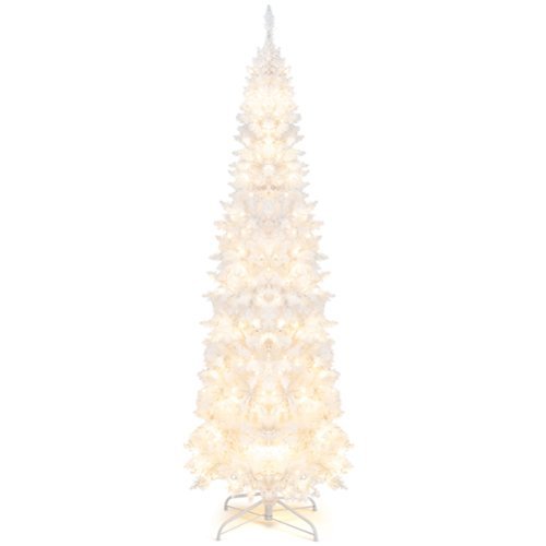 Costway - 7FT Pre-Lit Hinged Pencil Christmas Tree with 300 LED Lights & 8 Flash Modes - White-Front_Standard 