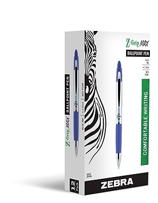 Zebra - Z-Grip Max Retractable Ballpoint Pen, Medium Point, 1.0mm, Dozen (22420) - Blue Ink
