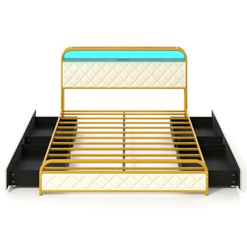 Costway - Queen Size Bed Frame with LED Lights & Charging Station Storage Headboard & Drawers - Golden + White-Front_Standard 
