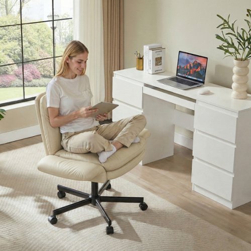 Bestier - Ergonomic Cross-Legged Office Chair with Flip-Up Arms, Swivel Wheels & Adjustable Backrest for Computer Office Desk - Off-White PU leather-Front_Standard 