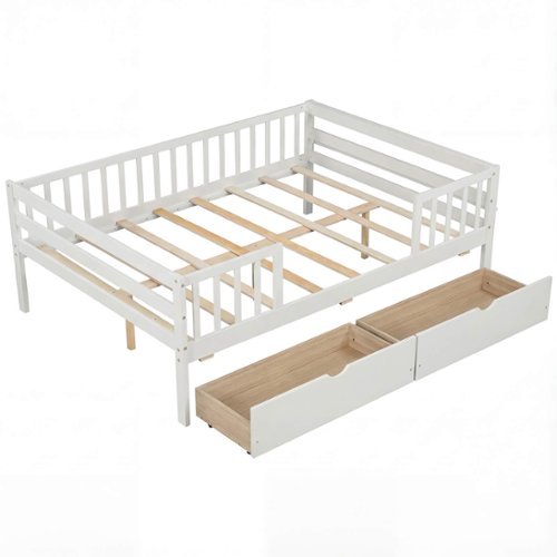 Costway - Full Size Daybed with Fence and 2 Drawers,Railings & Slats Support, Bed Frame - White-Front_Standard 