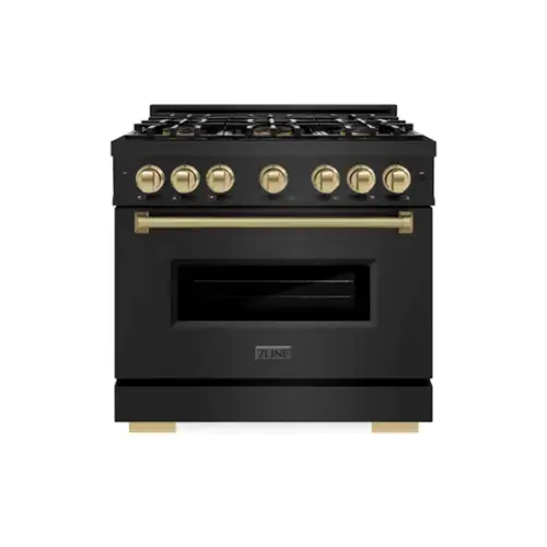 Front. ZLINE - Autograph 36 in. 5.2 cu. ft. Classic Freestanding Gas Range with DuoPro Cooktop in Black Steel and Bronze Accents - Black Stainless Steel.