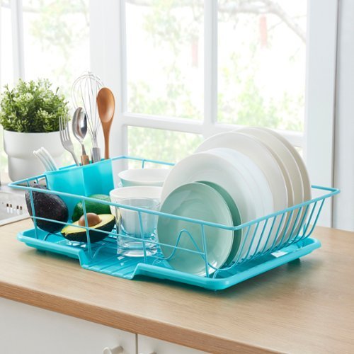 Sweet Home Collection - Steel 3-Piece Large Countertop Dish Drainer with Drain Board & Utensil Holder - Turquoise-Front_Standard 