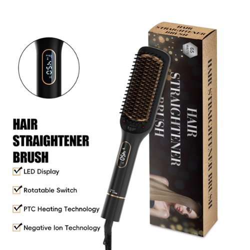 NICEBAY - Hair Straightener Brush, 6 Temp Settings, Hair Straightening Brush, Auto-Off, LED Display - Black-Front_Standard 