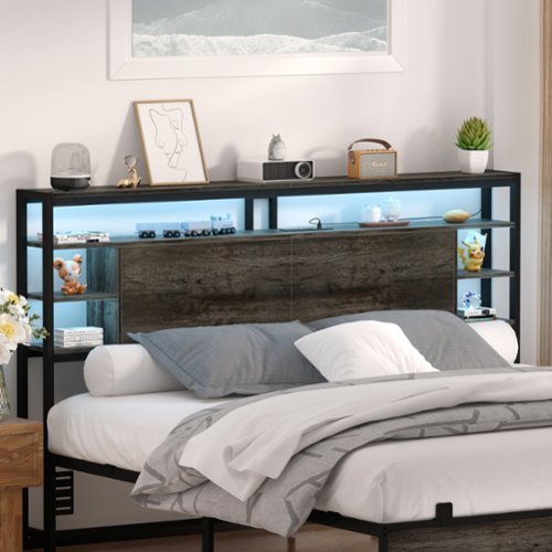 Aheaplus - Sturdy King Headboard with Storage, USB/Outlets & Smart LED Light - Black Oak-Front_Standard 