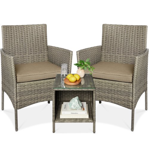 Best Choice Products - 3-Piece Outdoor Wicker Conversation Patio Bistro Set, w/ 2 Chairs, Table - Taupe/Desert-Front_Standard 