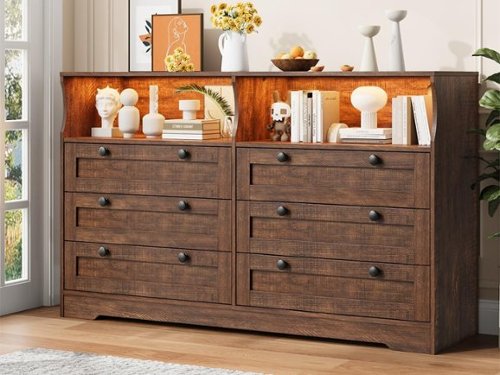 Acekool - Dresser Chests of Drawers, Wooden 6 Drawer Dresser for Bedroom with Led Light, 55" Wide Wood Dresser - Brown-Front_Standard 