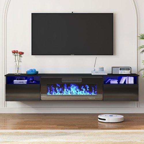 Circus Cirle - 80" Floating TV Stand with 36" Electric Fireplace Heater - Black-Front_Standard 