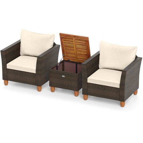 Costway - 3 PCS Outdoor Patio Rattan Bistro Furniture Set Wooden Table Top Cushioned Sofa - Beige-Front_Standard 
