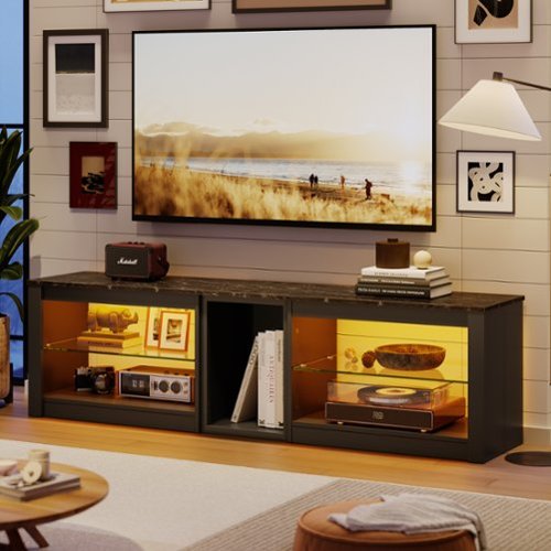 Bestier - 70 Inch Gaming TV Stand & Entertainment Center with LED Lights & Glass Shelves, Media Cabinet for Living Room - Black-Front_Standard 