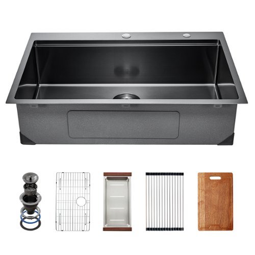 VEVOR - 33 inch Kitchen Sink Workstation, 304 Stainless Steel Top Mount Sinks, Drop-In Single Bowl Farmhouse Basin - Black-Front_Standard 
