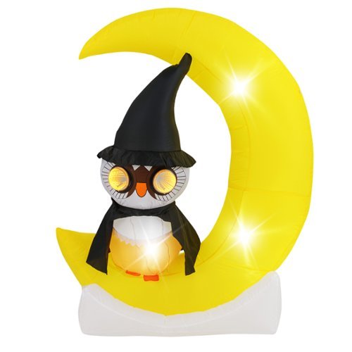Costway 4.3 x 5.1 ft Inflatable Owl on Moon LED Lighted Halloween Decoration w/ Large Moon & Wizard Owl - Black, White, Yellow