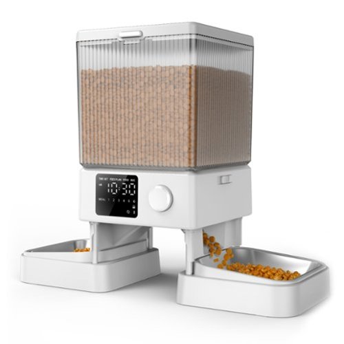 Oneisall - 5L/169oz Automatic Cat Feeder, Stainless Steel Dual Bowl,Freshness Seal,Voice Record,Dual Power Supply - White-Front_Standard 