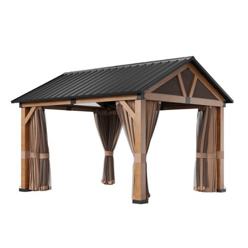 Mondawe - 11 ft. x 13 ft. Aluminium Patio Gazebo with Privacy Curtain and Mosquito Netting - Brown-Front_Standard 