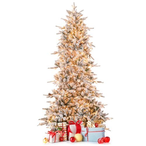 Costway - 7.5 FT Pre-Lit Christmas Tree Snow Flocked Hinged 1107 Branch Tips & 350 Lights - Green/White