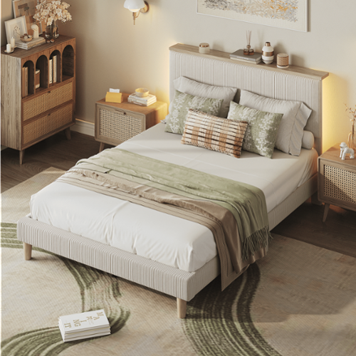 Bestier Queen Size Upholstered Platform Bed Frame with LED Lighting and Adjustable Storage Headboard for Bedroom - Beige